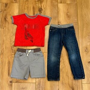 Spider-Man Red Tee with Gray Shorts and Jeans